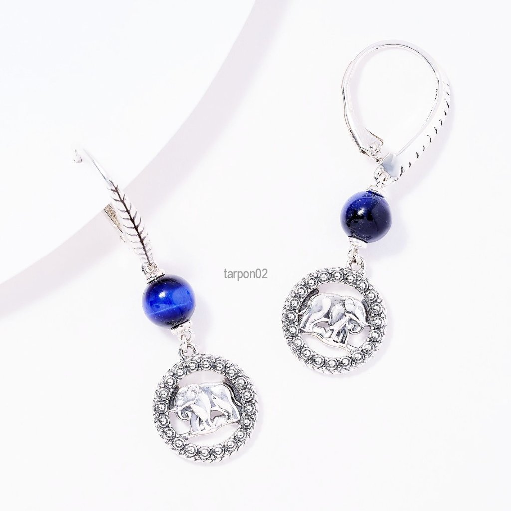 John Hardy Jai Elephant Blue Tiger's Eye Sterling Silver Earrings 1-5/8" Nib
